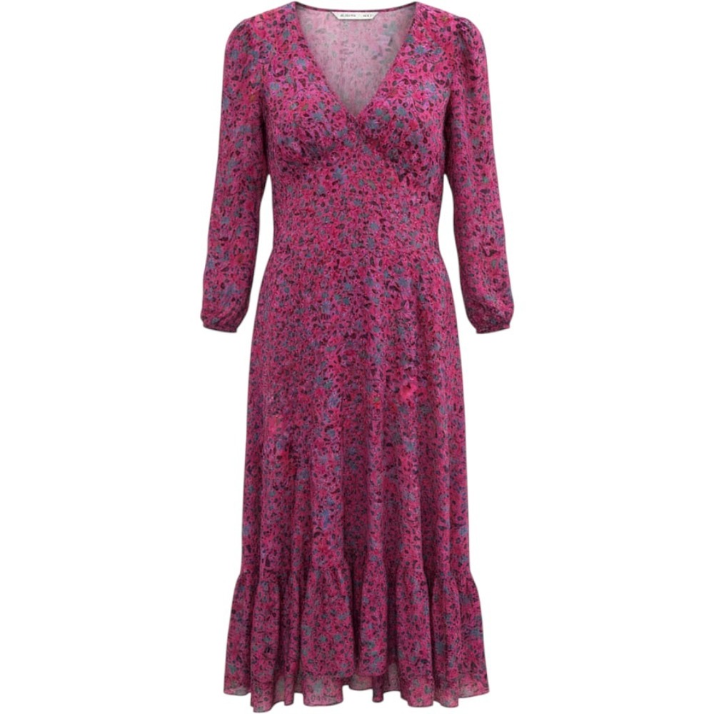 Veronica Beard Magenta Pink Floral 100% Silk V-Neck Ruffle Midi Dress Size 4